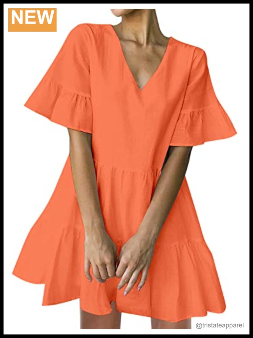 V Neck Shift Mini Dress Side Pockets Bell Sleeve Ruffle Hem Summer